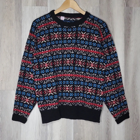🛍Vintage Mens M Wool Fair‎ Isle Long Sleeve Crew Neck Sweater 80s 90s Warm - Picture 1 of 6